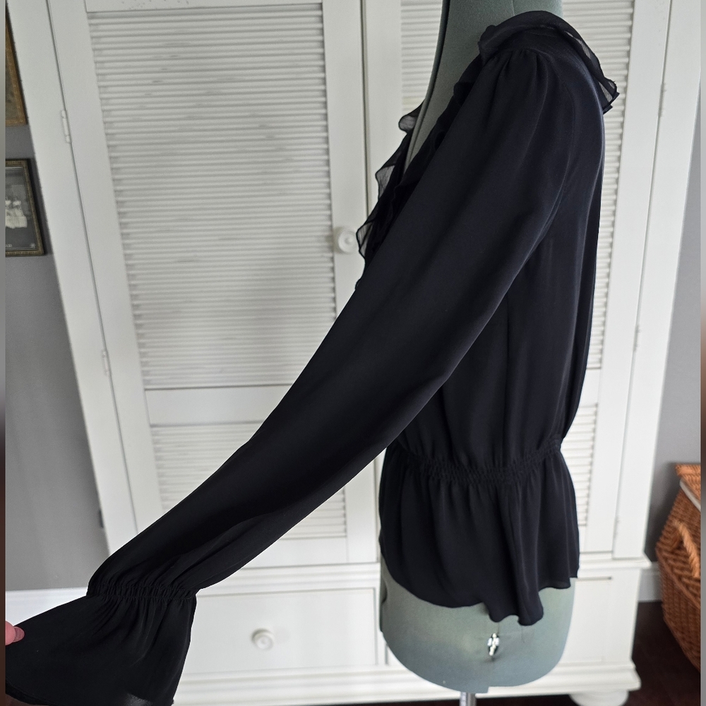 White House Black Market | Silk Black Ruffle Blouse - Picture 3 of 7
